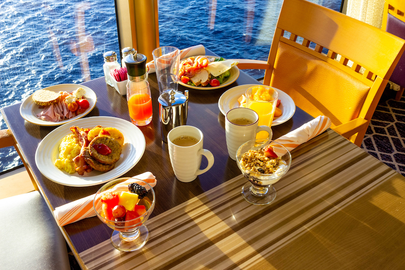 Dining Room Buffet Aboard The Abstract Luxury Cruise Ship. Breakfast With Sea View