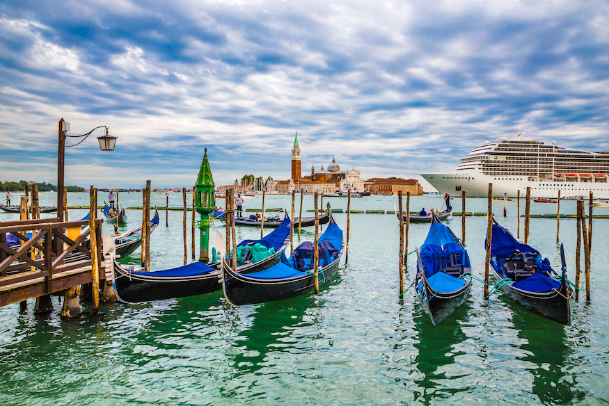 Gondolas With Cruise Ship And San Giorgio Maggiore Island In The Background - Venice, Veneto, Italy,